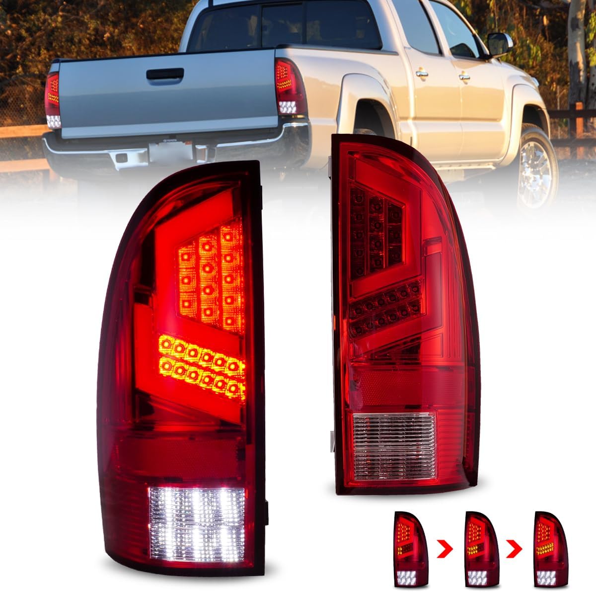 Winjet LED Sequential Tail Lights Assembly For 2005-2015 Toyota Tacoma, Full Led Taillight w/Yellow Sequentail Turn Signal Indicators/Running/Brake/Reverse Light, 1 Pair Rear Lamps (Black/Red)