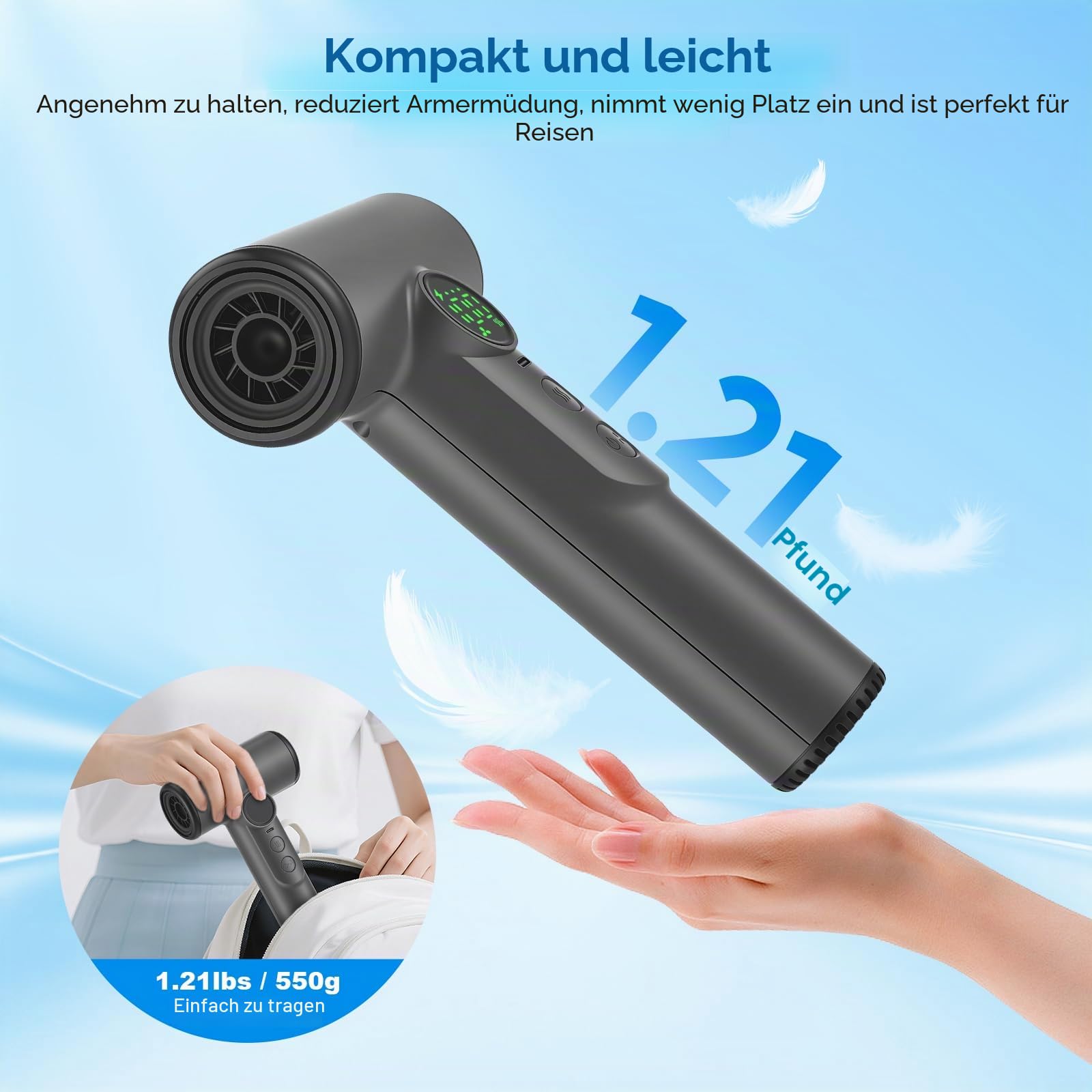 200W Akku Föhn Kabellos, Kabelloser Föhn Tragbarer Akku Haartrockner mit 3 Geschwindigkeiten und 3 Temperaturen, Akku Fön Haare mit Digital Bildschirm, Föhn Kabellos Aufladbar für Reisen, Camping