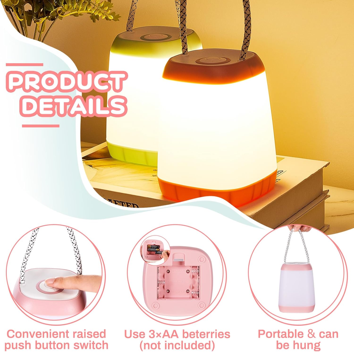 VIHOSE 6 Pcs Large Battery Powered Camping Lantern 4.92 x 3.54 x 3.54 Inches LED Portable Tent Camping Night Light 3 Modes Cordless for Outdoor Indoor Night Backpacking Hiking Emergency 2 Colors
