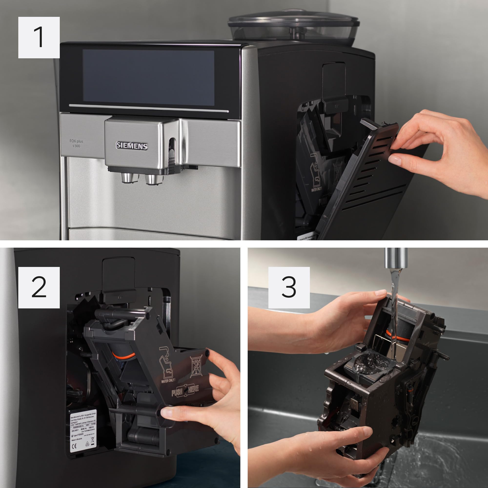 Siemens, machine à café automatique, système de lait, 12 boissons, nettoyage automatique du système de lait, broyeur en céramique, large écran tactile, EQ6 plus s500, TE655203RW