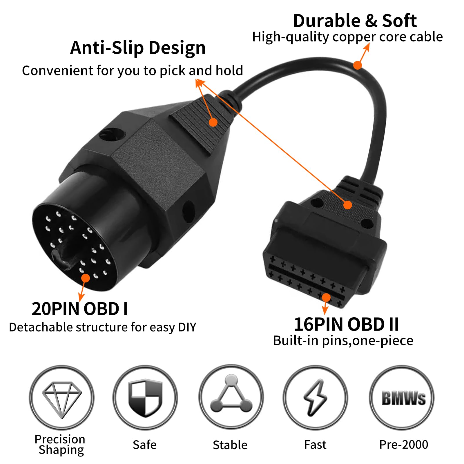 20-pinowy kabel adaptera OBD męski okrągły do OBD2 żeński 16-pinowy złącze do skanera diagnostycznego 20 pinów OBDII samochód BMW E36 E38 E39 E46 E53 X5 Z3 (30 cm)