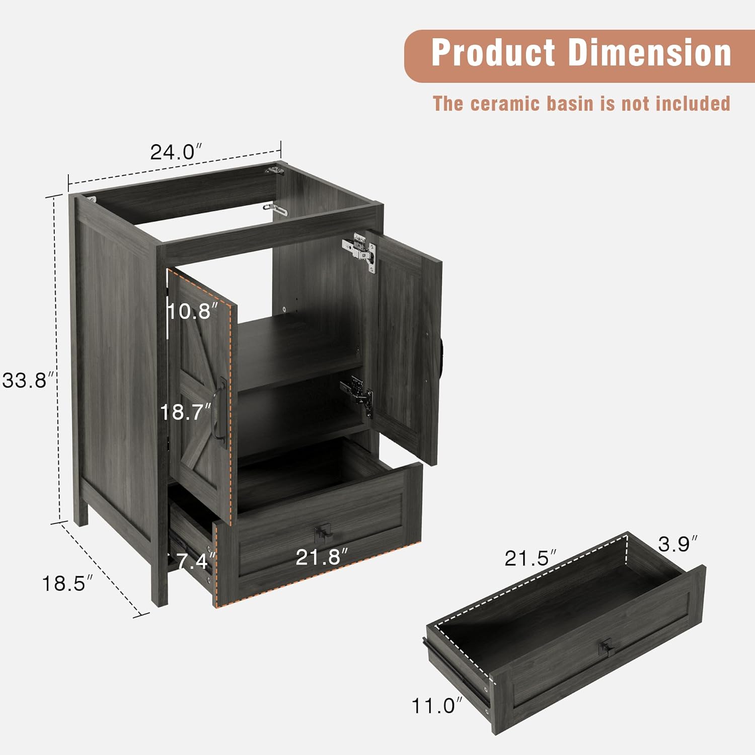 24" Farmhouse Bathroom Vanity Without Sink, Freestanding Vanity for Bathrooms (Grey, 24")