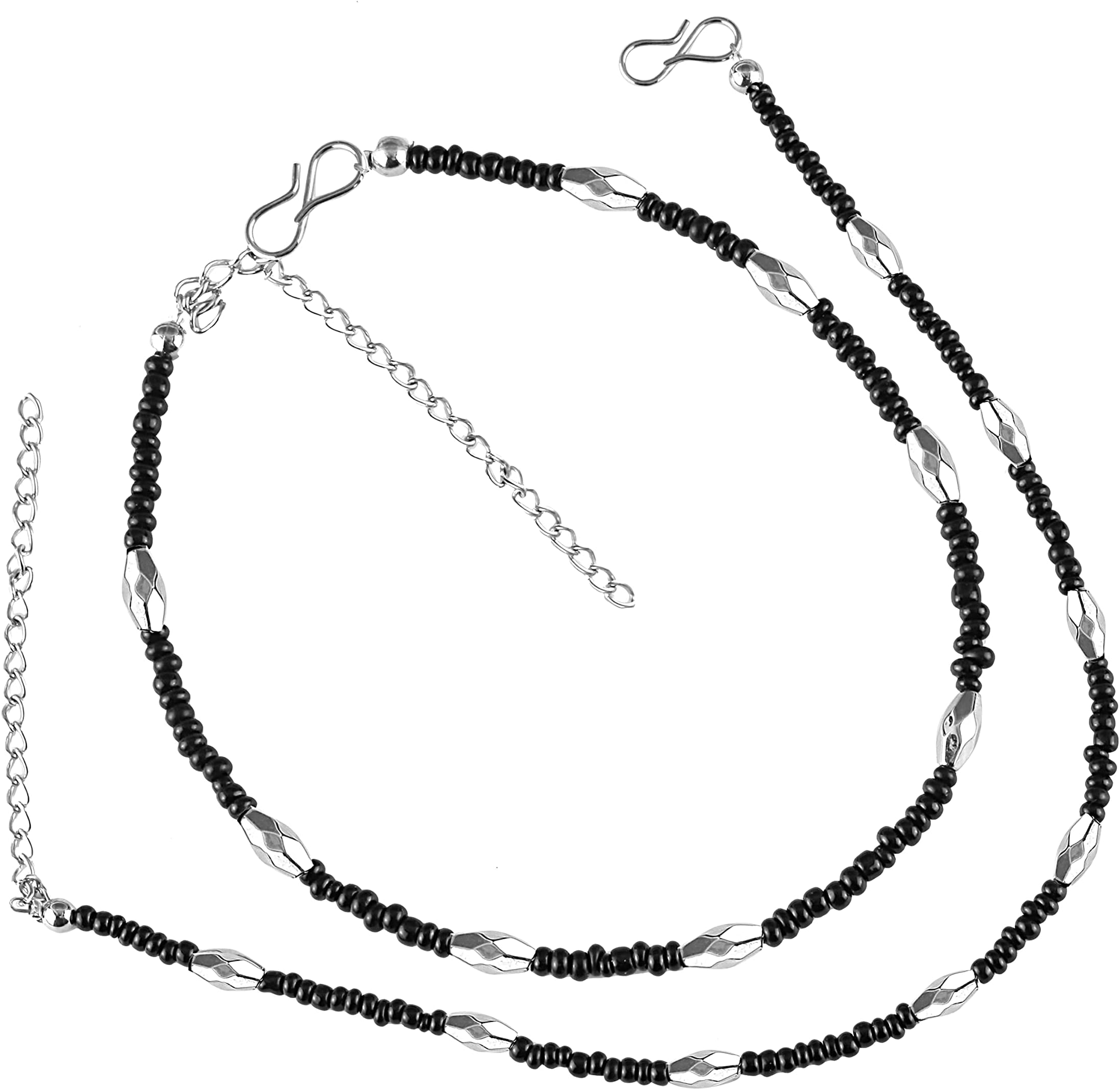 Kanak JewelsSterling Silver Evil eye Anklet for women and girls oxidized black beads Nazar battu latest trend Payal black anklet Black charm thread adjustable Anklet set KJANK1