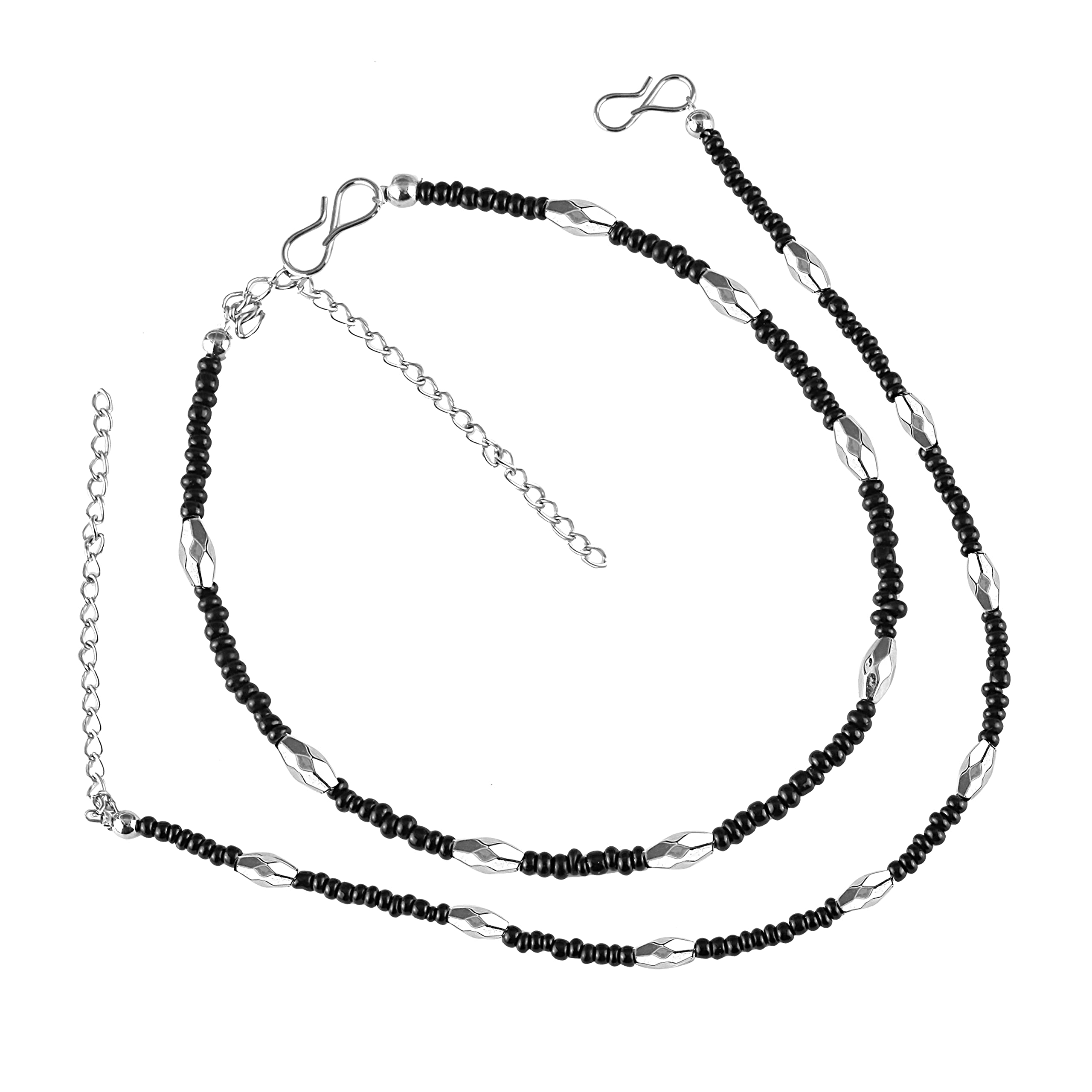 Kanak JewelsSterling Silver Evil eye Anklet for women and girls oxidized black beads Nazar battu latest trend Payal black anklet Black charm thread adjustable Anklet set KJANK1