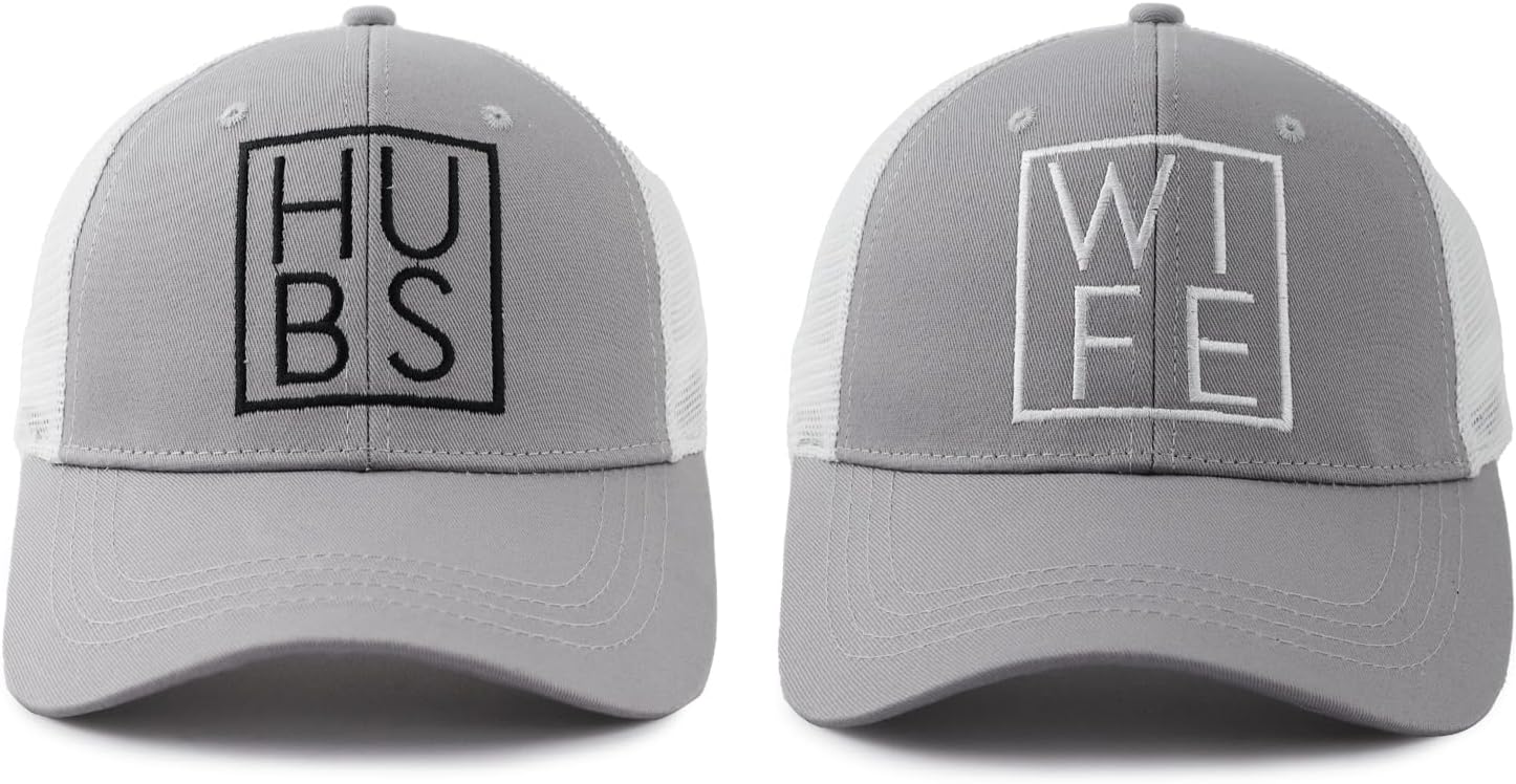 2 PCS Hubby and Wifey Trucker Hats for Men Women, Adjustable Embroidered Couple Mesh Baseball Cap