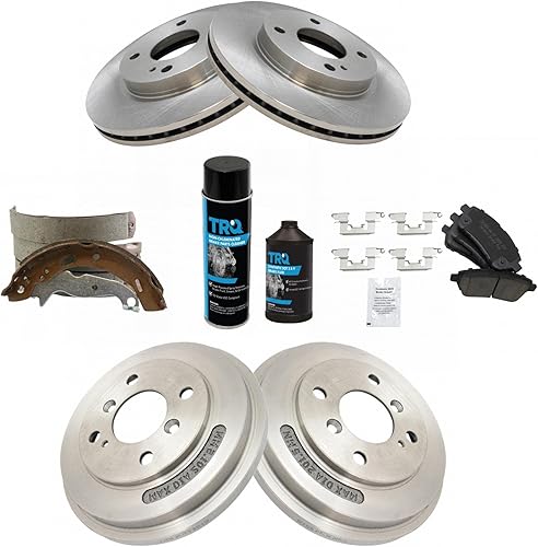TRQ Kit de zapatas y tambor de freno delantero y trasero y pastillas de freno de cerámica con líquido de frenos y limpiador compatible con Ford