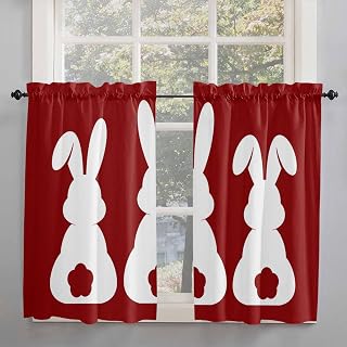 Easter Bunny Kitchen Curtains, Cute Rabbit Family Vintage Red Abstract Light Filtering Window Curtain Panels, 2Pcs Rod Pocket Window Treatments Set for Study Room Bathroom Bedroom 52x54 Inches