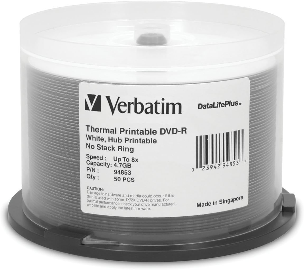 Verbatim DVDR 4.7GB 8X DataLifePlus White Thermal Printable, Hub