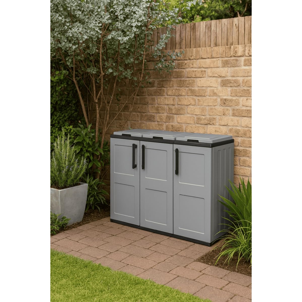 INTEC - Cache Poubelle Extérieur/Intérieur - Abri pour Poubelle de tri Selectif 3 Sacs Gris Dimensions 102 x 37 x 84 cm