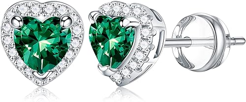Aretes de corazón para mujeres y niñas, aretes de plata de ley S925 con forma de corazón, aretes de piedra natal brillante para mujeres y niñas,