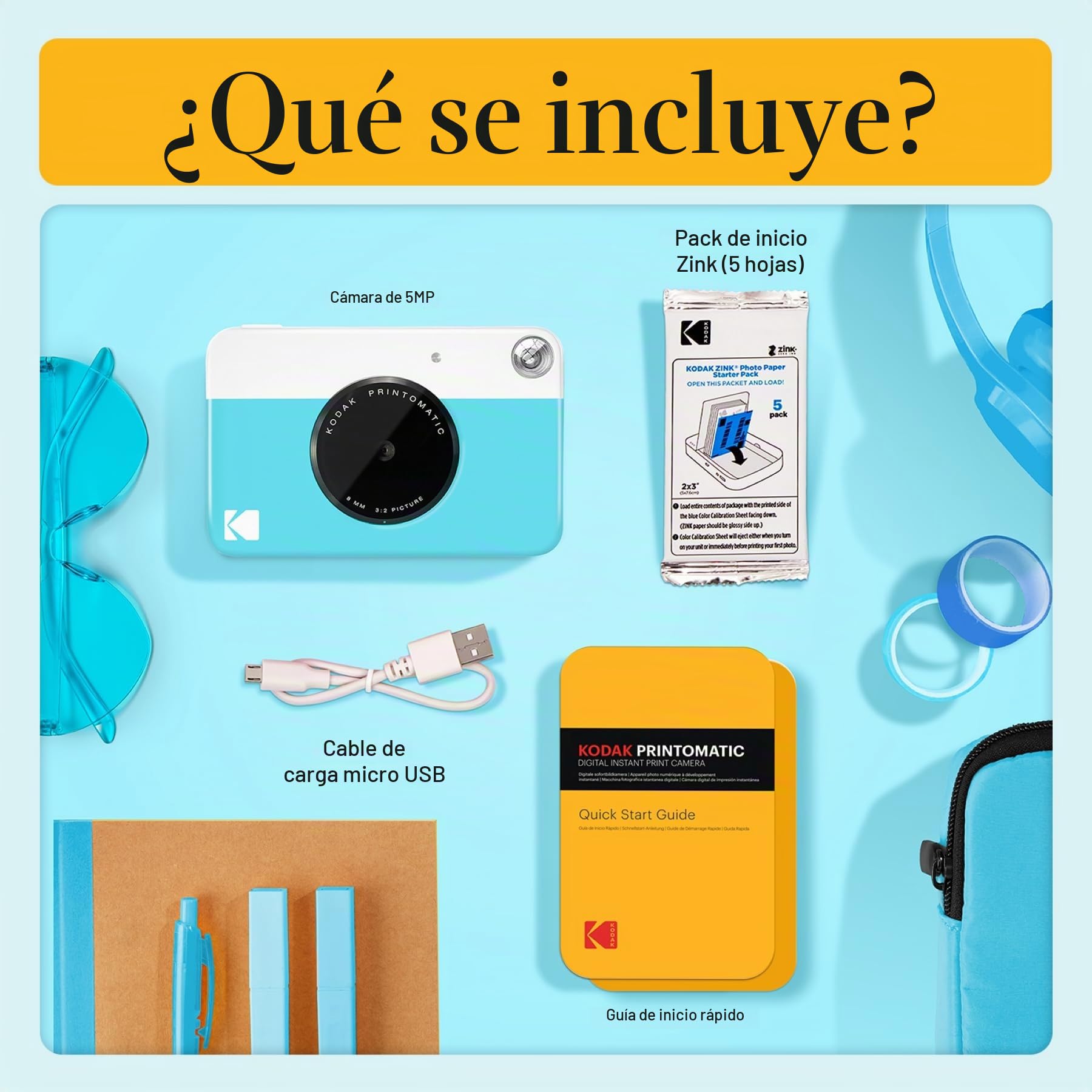 KODAK Printomatic Cámara digital instantánea - Fotos de calidad en papel fotográfico adhesivo Zink 2x3" - 5MP, portátil, regalo creativo para cumpleaños, Navidad, fiestas - Azul