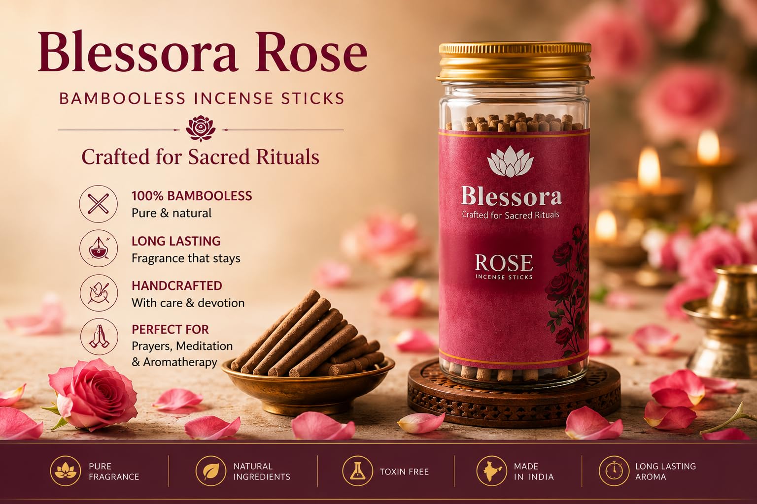 Blessora Incense Sticks - Rose Bambooless Smokeless Agarbatti for Pooja Meditation Yoga & Home Fragrance, 100% Charcoal Free (45 Sticks, 100g)