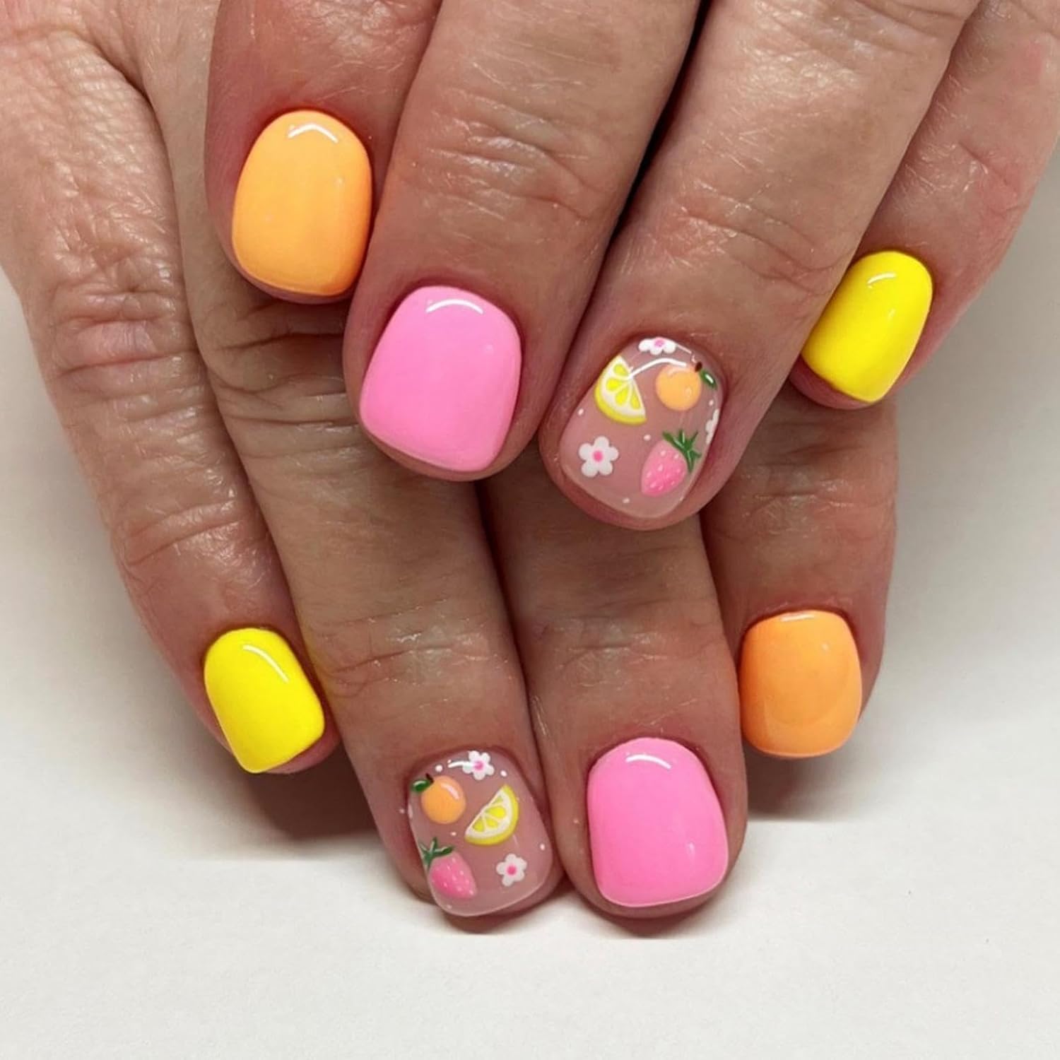Pink Press On Nails - Glossy Yellow Floral Fake Nails