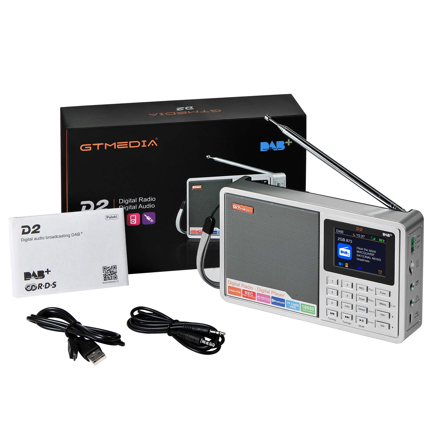 Radio compacte avec Dab+/FM, Lecture Audio, Heure/Alarme, Affichage Couleur, Bluetooth et Support multilingue. Idéal pour Les Voyages, Les entraînements ou l'utilisation en Cuisine. des possibilités