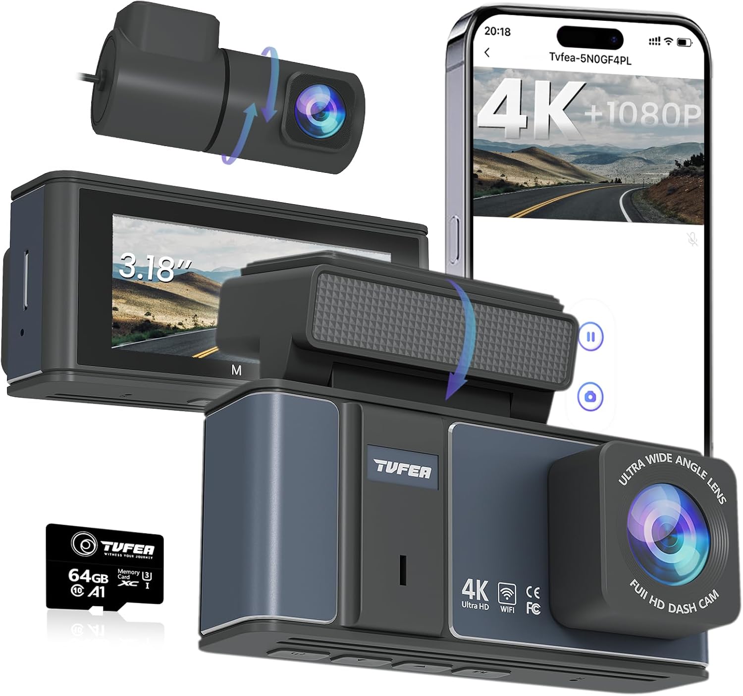 4K Dash Cam Front and Rear | 3840P UHD Dual Dash Camera for Cars with WiFi & 64GB Card | 3.18" IPS Screen, Zinc Alloy Metal Shell, Super Night Vision, G-Sensor, 24H Parking Mode