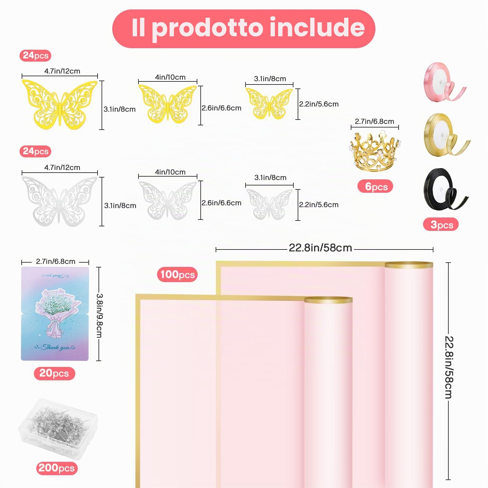 Kit carta da regalo per fiori, include 100 fogli di carta da regalo per bouquet di fiori, 3 rotoli di nastro per bouquet di fiori, 20 pezzi di biglietti d'auguri, 200 pezzi di spille per fiori etc