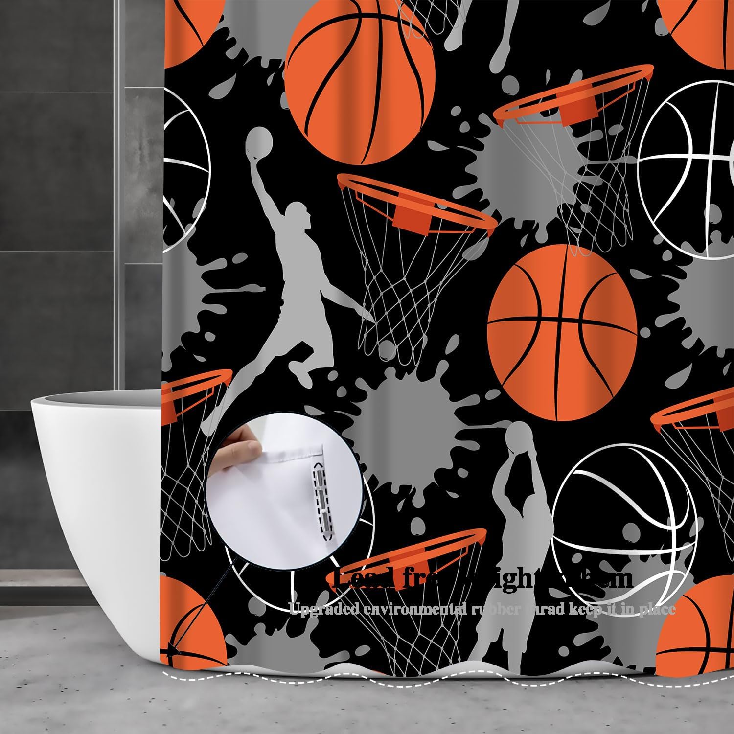 Basketball Sports Shower Curtains Basketball Theme Playing Game Oil Splash Painted Doodle Cool Art Teen Boys Room Decor for Bathroom 60 X 72 Inch