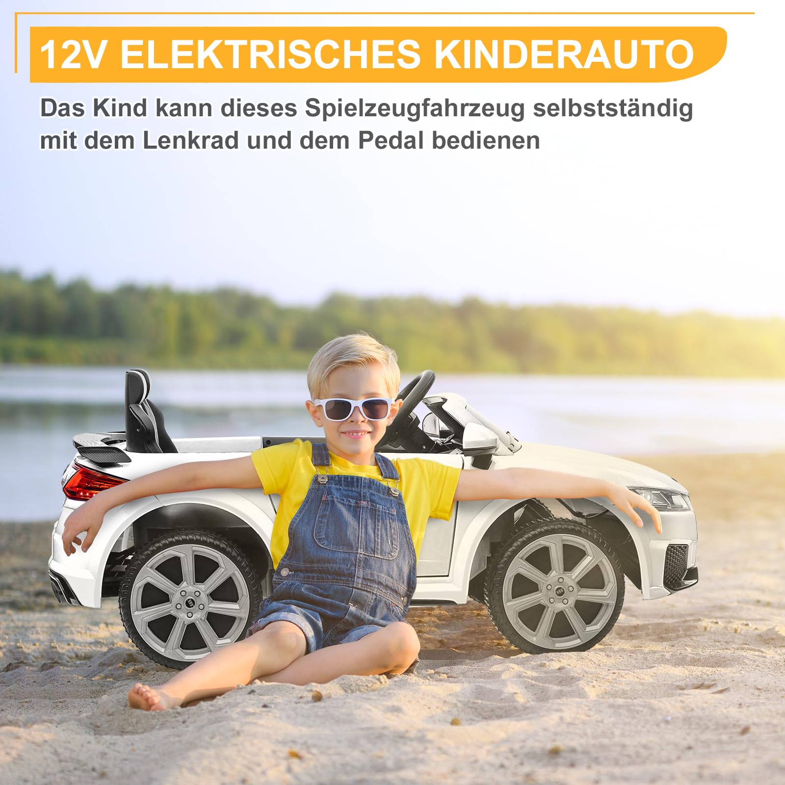 LEADZM Elektro Kinderauto mit Musik & Hupe & Scheinwerfer, 12V Kinder Elektroauto Kinderfahrzeug mit 2,4G Fernbedienung, 3-5km/h für Kinder (TTRS-Weiß)