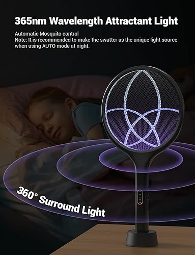 Miniatura 4 de YISSVIC Matamoscas eléctrico de 4000 V, raqueta matamoscas de insectos de doble modo con luz de mosquitos morada recargable para interiores y