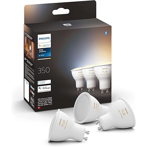 Philips Hue White Ambiance Smart Spotlight 3 Pack LED [GU10 Spotlight] - 350 Lumens (50W Equivalent). Compatible with Alexa, Google Assistant and Apple Homekit