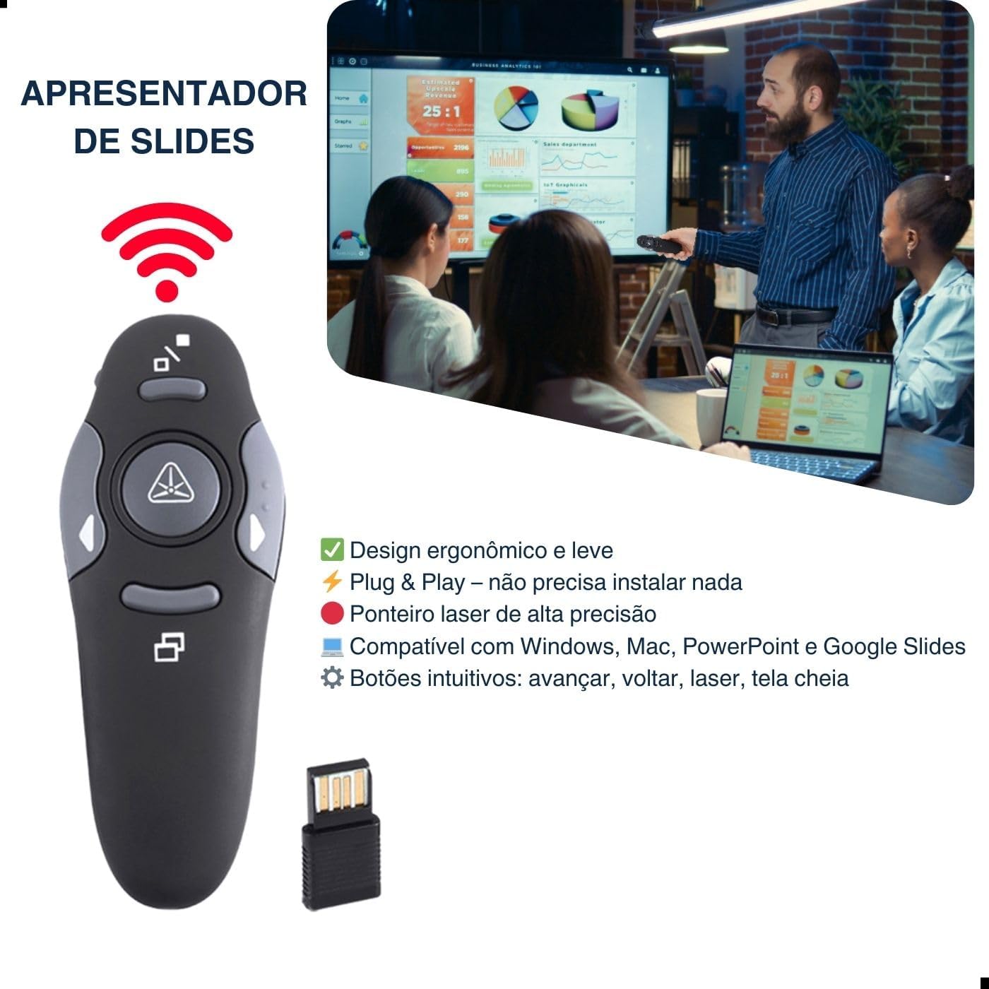 Controle Apresentador de Slides Sem Fio USB – Passador Portátil para Aula, Palestra, Congresso e Reunião – Compatível com PowerPoint e Keynote Controle Apresentador de Slides Sem Fio USB – Passador Portátil para Aula, Palestra, Congresso e Reunião – Compatível com PowerPoint e Keynote