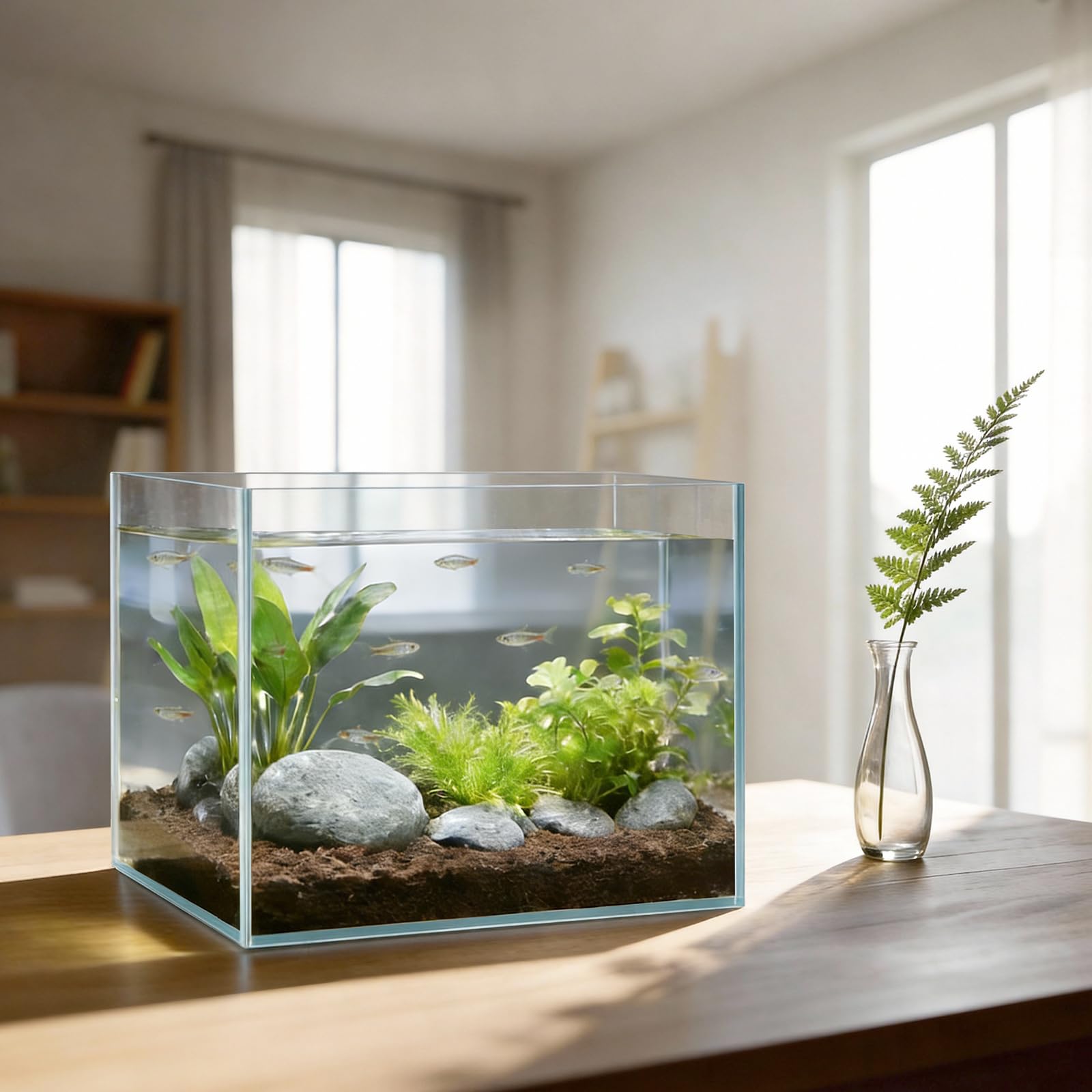 LAQUAL Kit Acuario de 7.6 L con Red, sifón & 2 paños de Limpieza, Cristal Transparente, pequeño Acuario para Betta y Peces Dorados, Bonita decoración del hogar