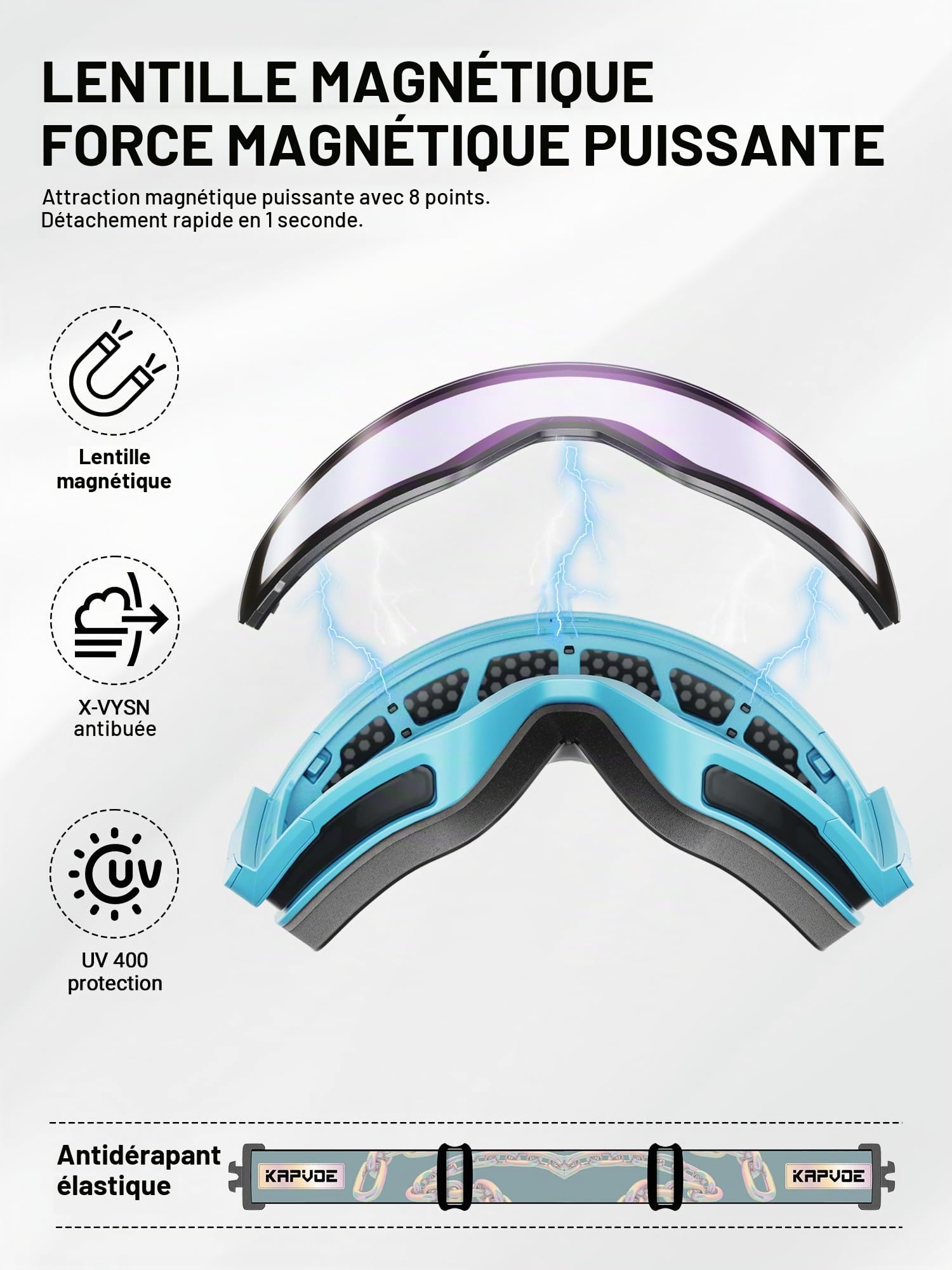 KAPVOE Lunettes de Ski avec Lentilles Photocromatiques, Lentilles Magnétiques, Antibuée, OTG pour Homme, Femme K0718