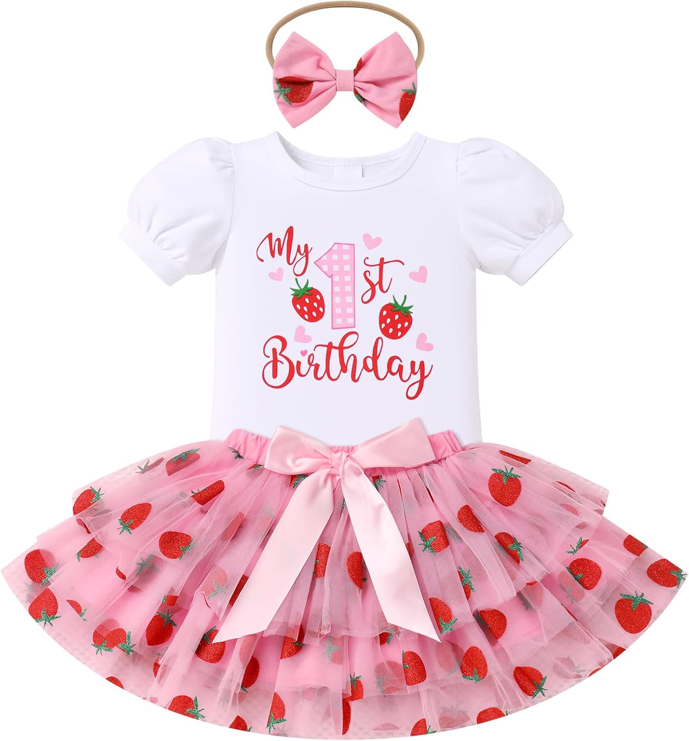 ODASDO Baby Girls First Birthday Cake Smash Outfit Cotton Short Sleeve Romper Tiered Tutu Skirt Bowknot Headband Set