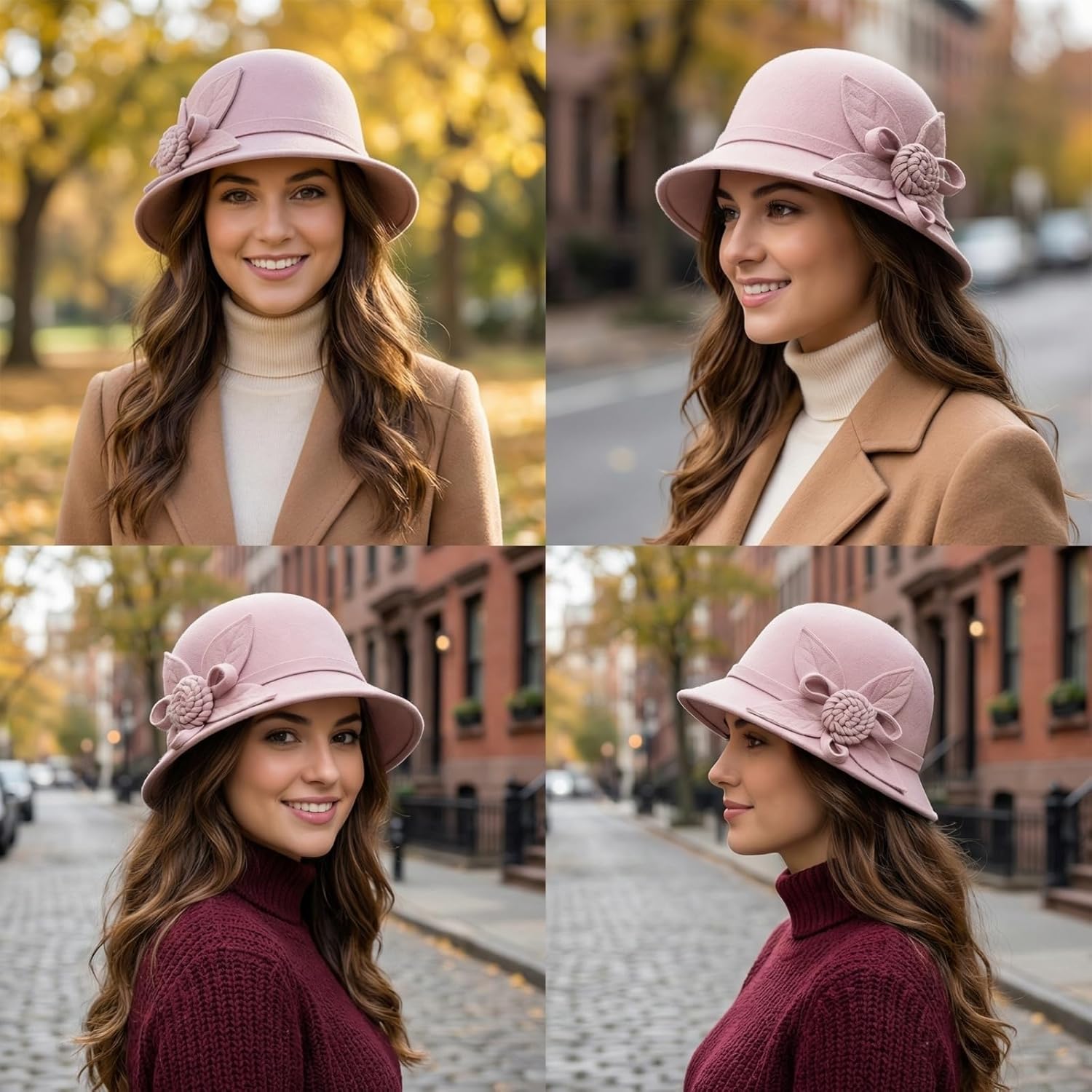 Woolen Cloche Hat for Women, 1920s Vintage Flower Bucket Hat Winter Warm Church Bowler Cap, 56-58cm - Image 3