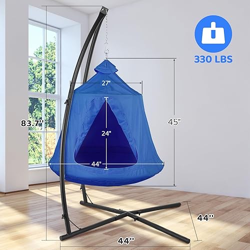 Miniatura 3 de Arlopu Hamaca colgante con soporte en X con tienda de campaña, soporte de metal para interiores con tienda de campaña, asiento de patio con cesta de