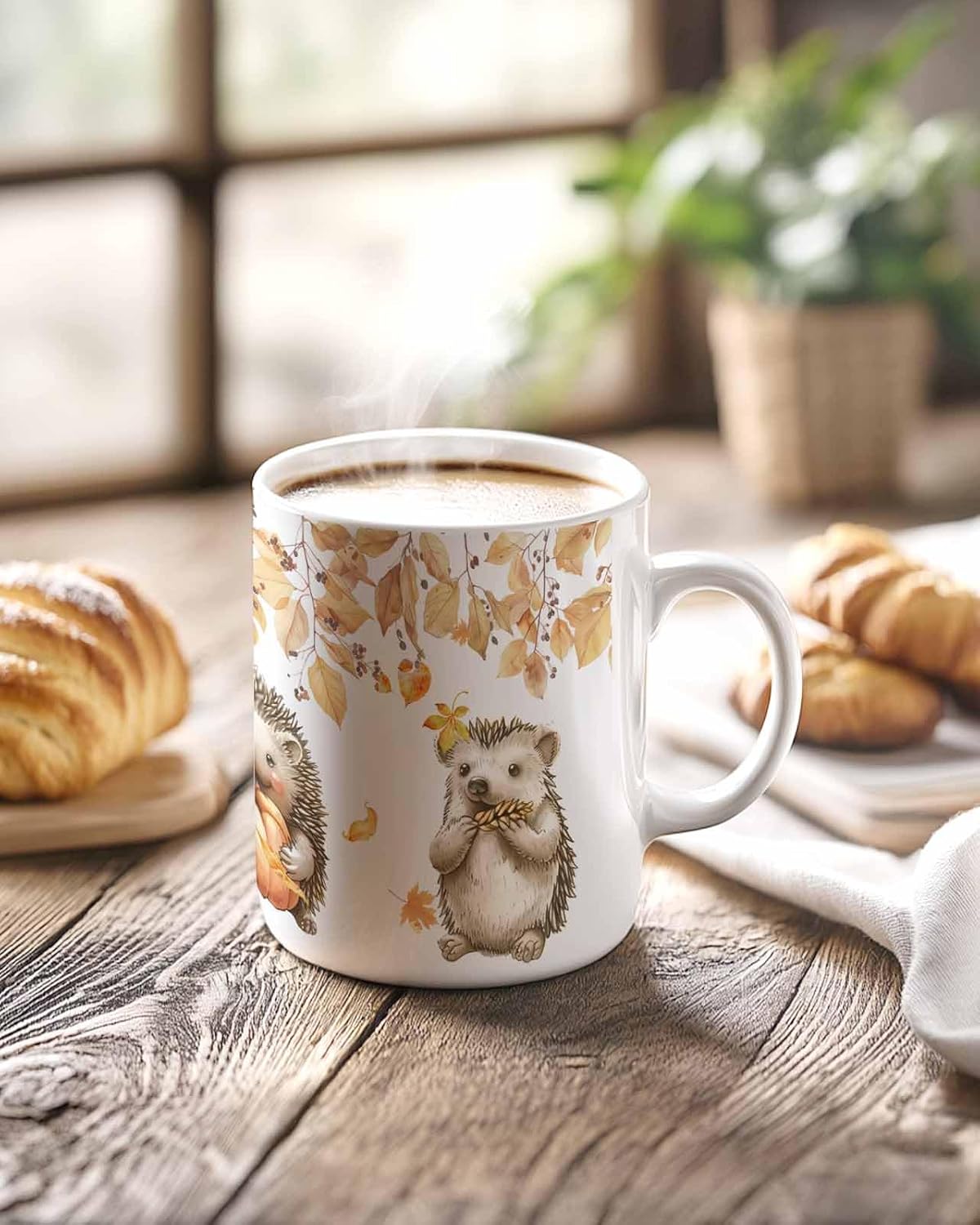 BEMIGO Ceramic Coffee Mug Fall Leaves Ceramic Mug White Cup, Hedgehog Pumpkin Insulated Coffee Cup with Handle with Pattern Perfect for Tea and Hot Beverages, 12oz