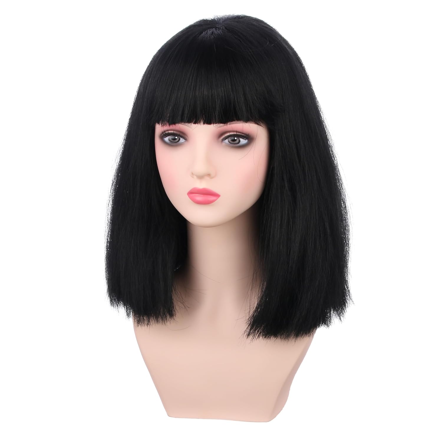 Men Black Wig Audlt Black Straight Wig with Bangs Heat Resistant Synthetic Wig with Wig Cap