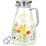 Domensi 74 oz / 2200 ml Glass Pitcher with Lid Water Pitcher with Handles Beverage Water Jar Glass Jug Hot and Cold Resistant Carafe for Tea Juice Milk Coffee Iced Beverage(Wild Flower)