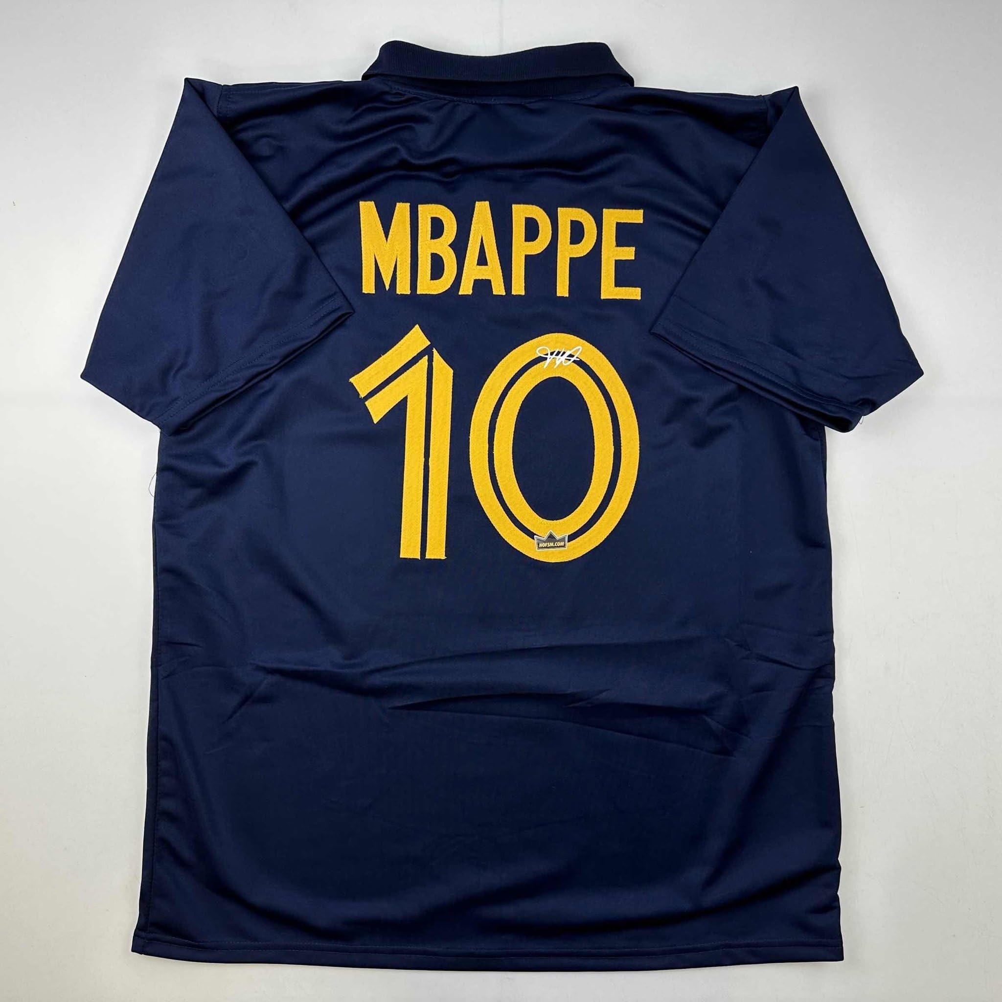 HOFSM.COM Hall of Fame Sports Memorabilia Facsimile Autographed Kylian Mbappe France Blue World Cup Reprint Laser Auto Soccer Jersey Size Men's XL