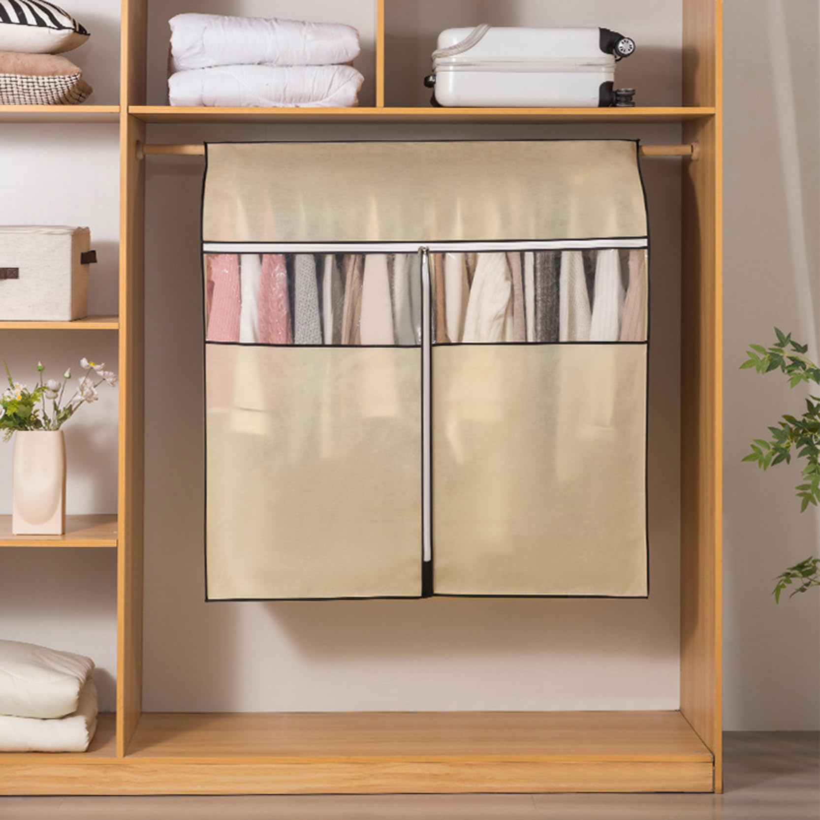 Funda para Perchero de Ropa, Cubierta de Ropa, Ventana Transpirable con Cremallera, Color Beige, 60-150x50x120cm, for Abrigo, Traje Vestir(150x50x120cm)