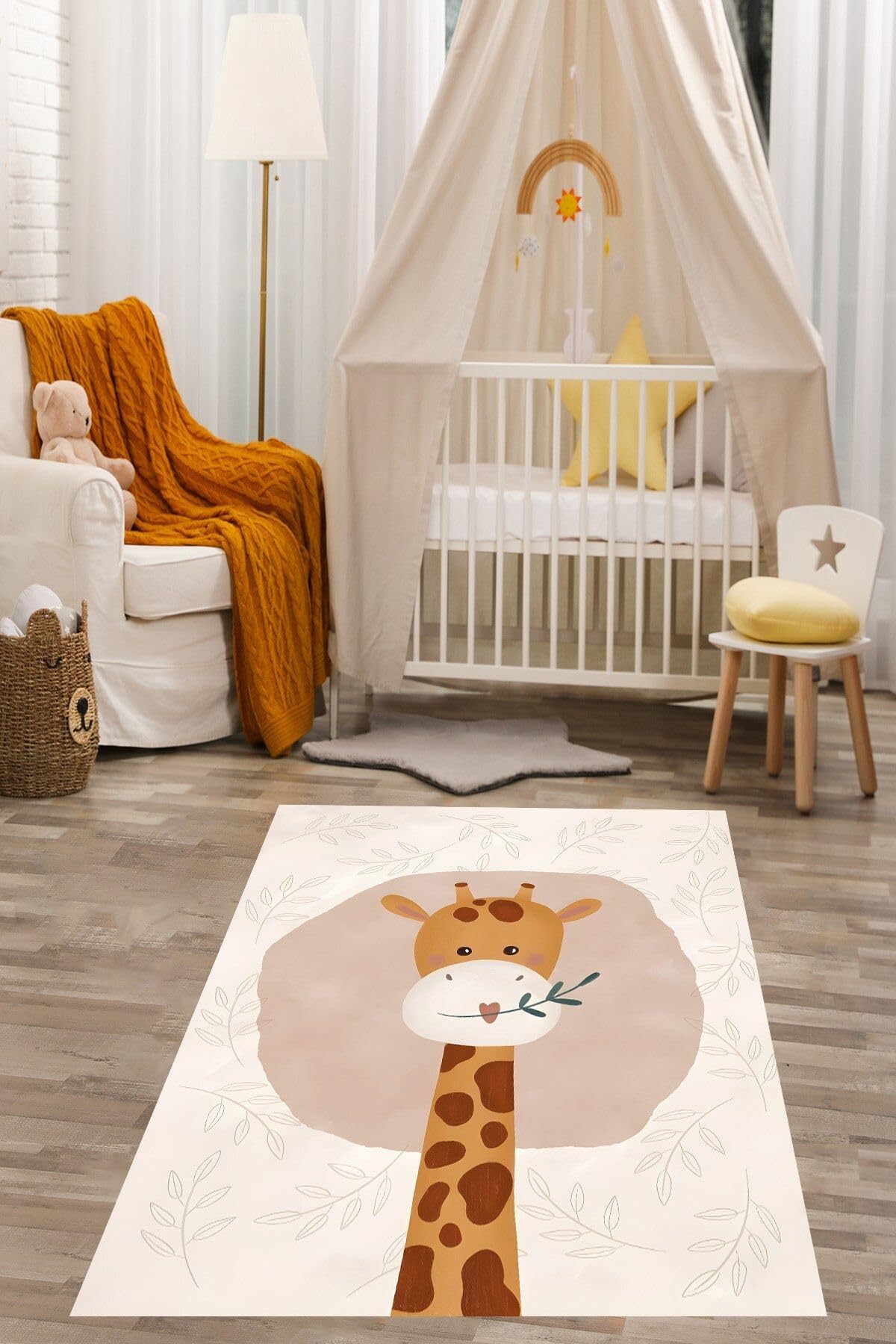 Pelangi Sevimli Zürafa Desen İskandinav Stil Yıkanabilir Kaymaz Taban Leke Tutmaz Çocuk Odası Halısık, Kahve-Pudra-Bej 80 x 600, 7642030806001