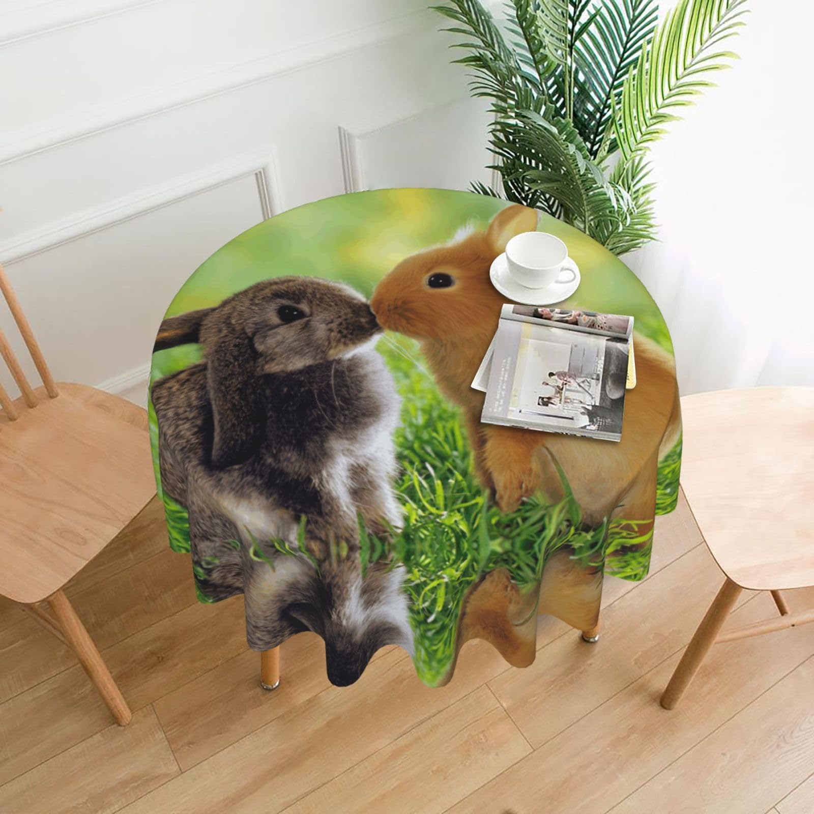 Zcmkjlg Rabbit Love Print Quick Ship Round Tablecloth 60in Polyester Washable Cover for Dining Room