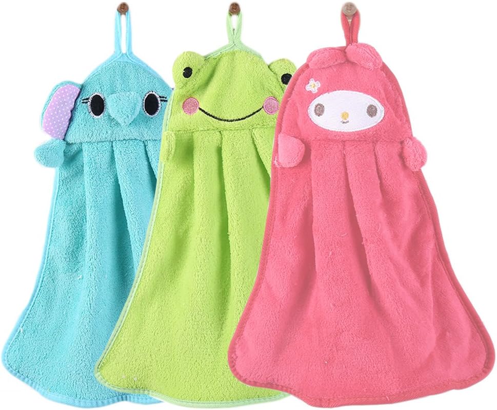 Homeleii Cute Animal Cartoon Children Nursery Hand Towels Hanging Hand Dry Towel Set of 3