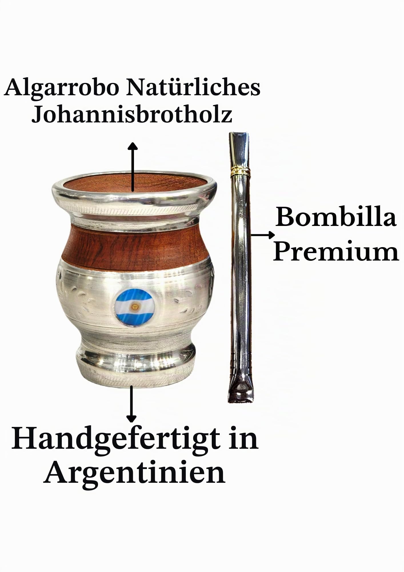 Mate Argentino Klassisch, handgefertigt aus natürlichem Johannisbrotholz mit Edelstahlbeschichtung, matt, mit Glühbirne, Gourd Matte Cup