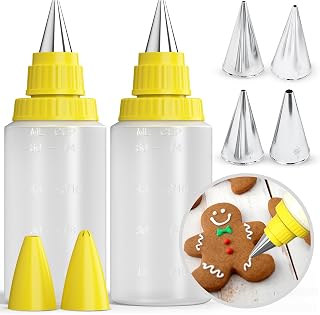 CukkiCakes Set de 6pcs Biberones de Reposteria 60ml + 4 Boquillas para Manga (Tamaños M) - Biberon Cocina, Botellas de Silicona Fáciles de Apretar, Decoración de Galletas, Tartas, Postres