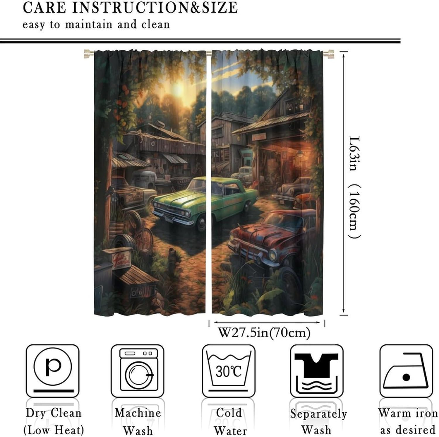 Vintage Blackout Curtain, Cartoon Rustic Barn Old Car Retro Antique Farmhouse Decor Window Treatments 2 Panels for Man Boy Bedroom Kitchen Living Room Garage Drapes 55x63in