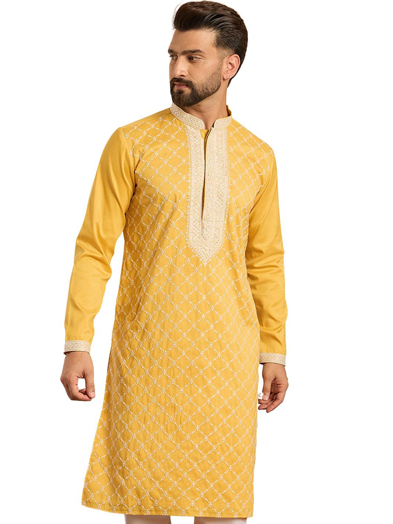ethnic bay Mens Yellow Silk Blend Embroidered Solid Calf Length Kurta | Men's | Kurta for Men | Straight Fit Kurta's for Men's-picture-42