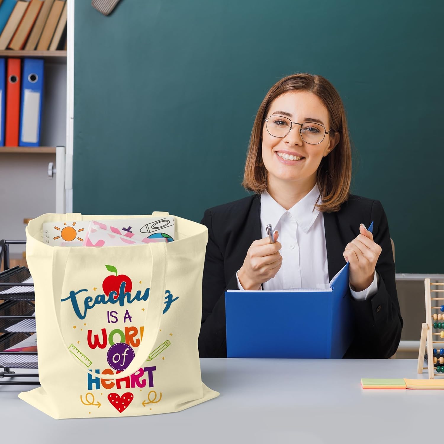 Y1tvei 6Pcs Teacher Appreciation Gift Canvas Tote Bags - Rainbow Heart Shopping Canvas Tote Bags for Men Women Travel, Reusable Cute Christmas Thanksgiving Birthday Party Gifts for A Great Teacher - Image 2