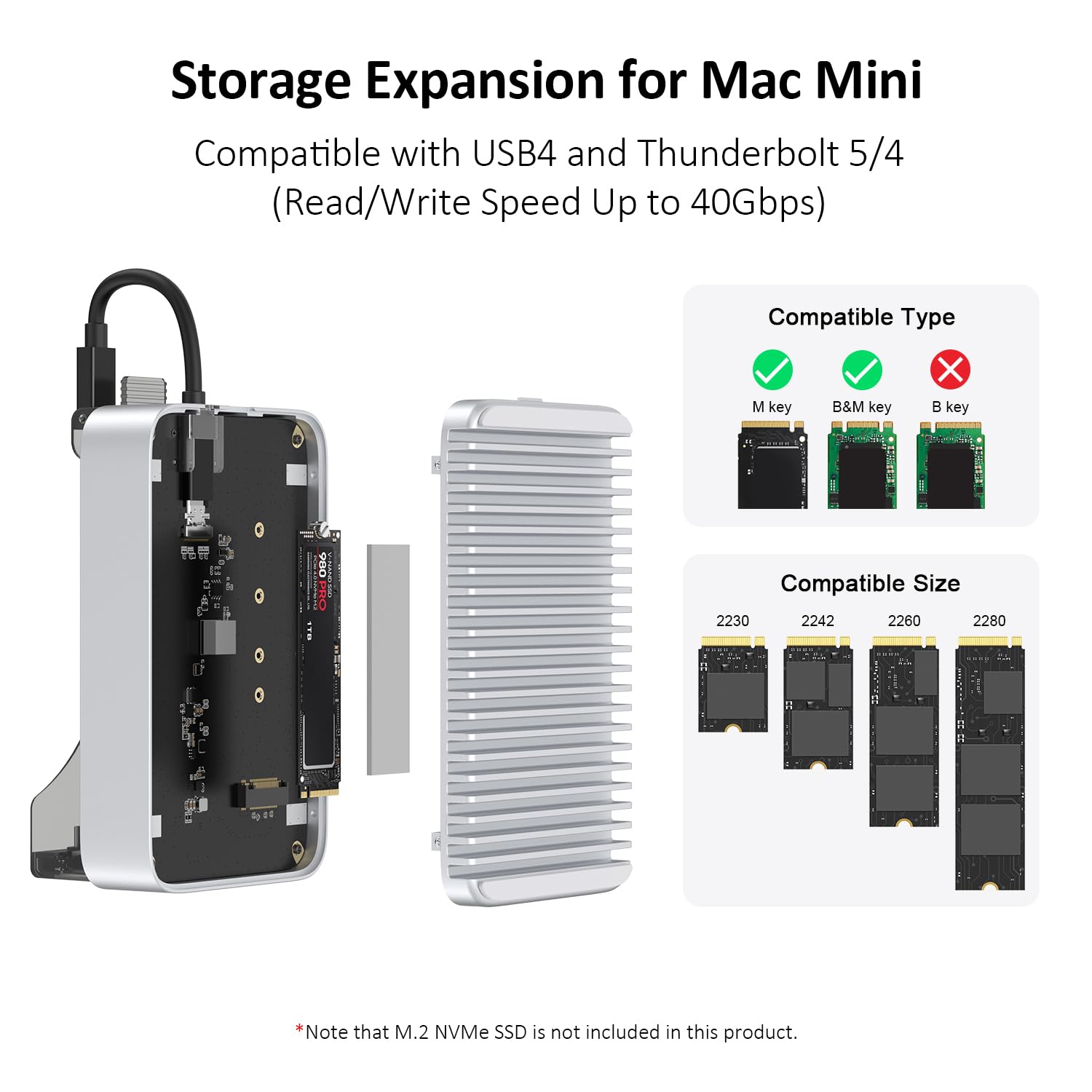 Qwiizlab 40Gbps Mac mini M4/M4 Pro Stojaczek Hub z obudową NVMe SSD, stacja dokująca z USB-C 10Gbps, USB-A 10Gbps, czytniki kart TF/SD 4.0 312MB/s, USB-A 2.0, pasuje do M.2 PCIe do 8TB