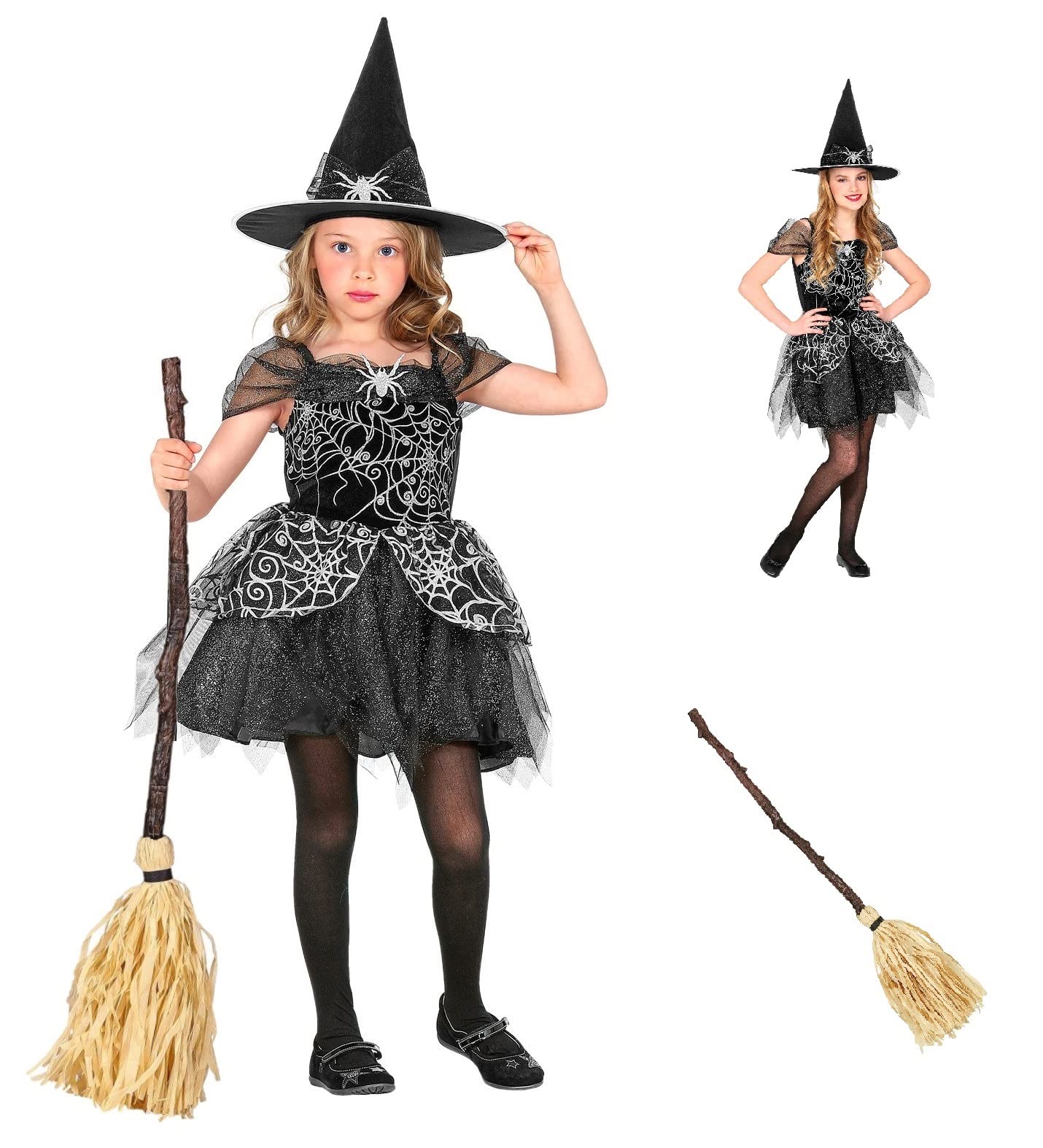 CARTOON Costume di carnevale + accessori, Strega, Witch, scopa, cappello, vestito, travestimento, per bambini, halloween, feste a tema