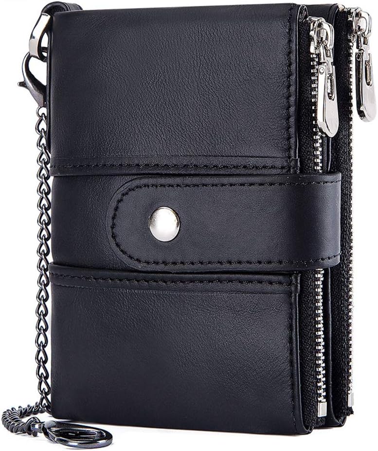 TEUEN Men's Genuine Leather RFID Blocking Wallet Coin Purse Zip 16 Card Slots Small Coin Purse Men's Card Holder with Chain