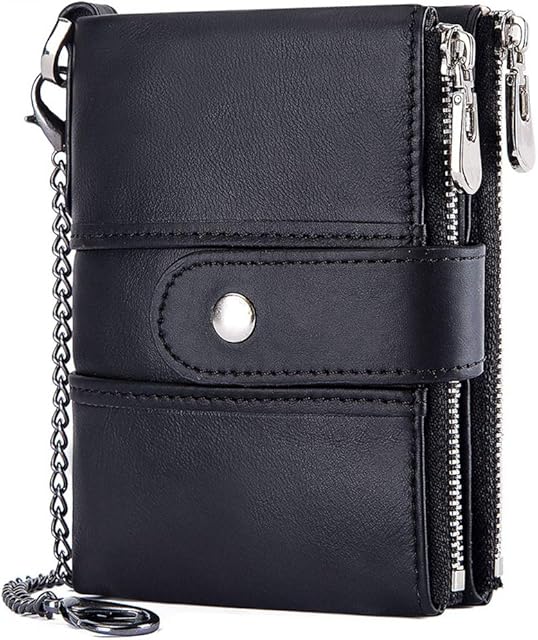 TEUEN Mens Wallet RFID Blocking Soft Genuine Leather Gents Wallet with Chain, Double Zipper Men Leather Wallets with Coin Pocket Small Mens Bifold Wallets 16 Card Holder (Black)