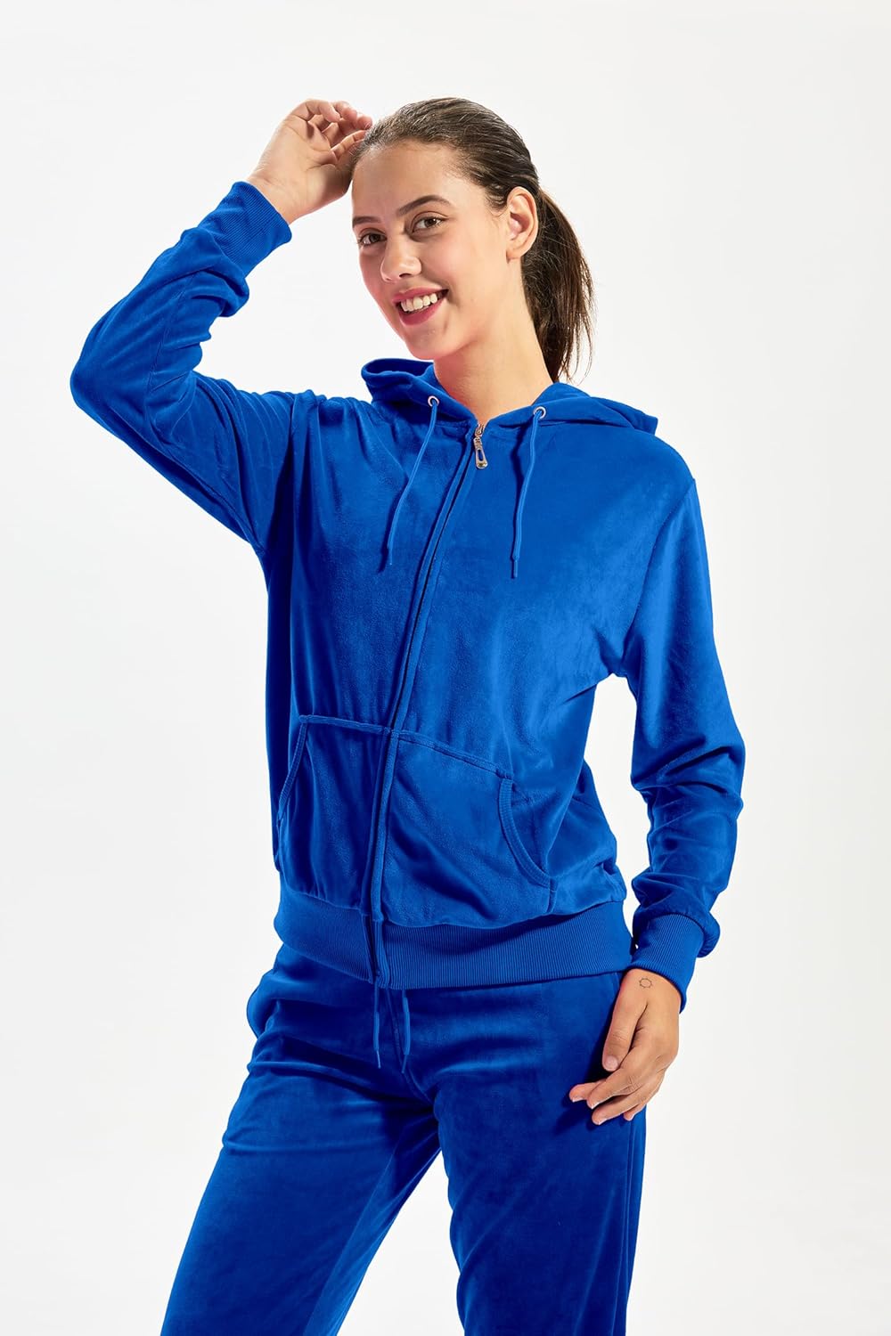 TanBridge Women's 2 Piece Solid Velvet Tracksuit Set Full Zip-up Hooded Sweatshirts & Pants Set - Image 3