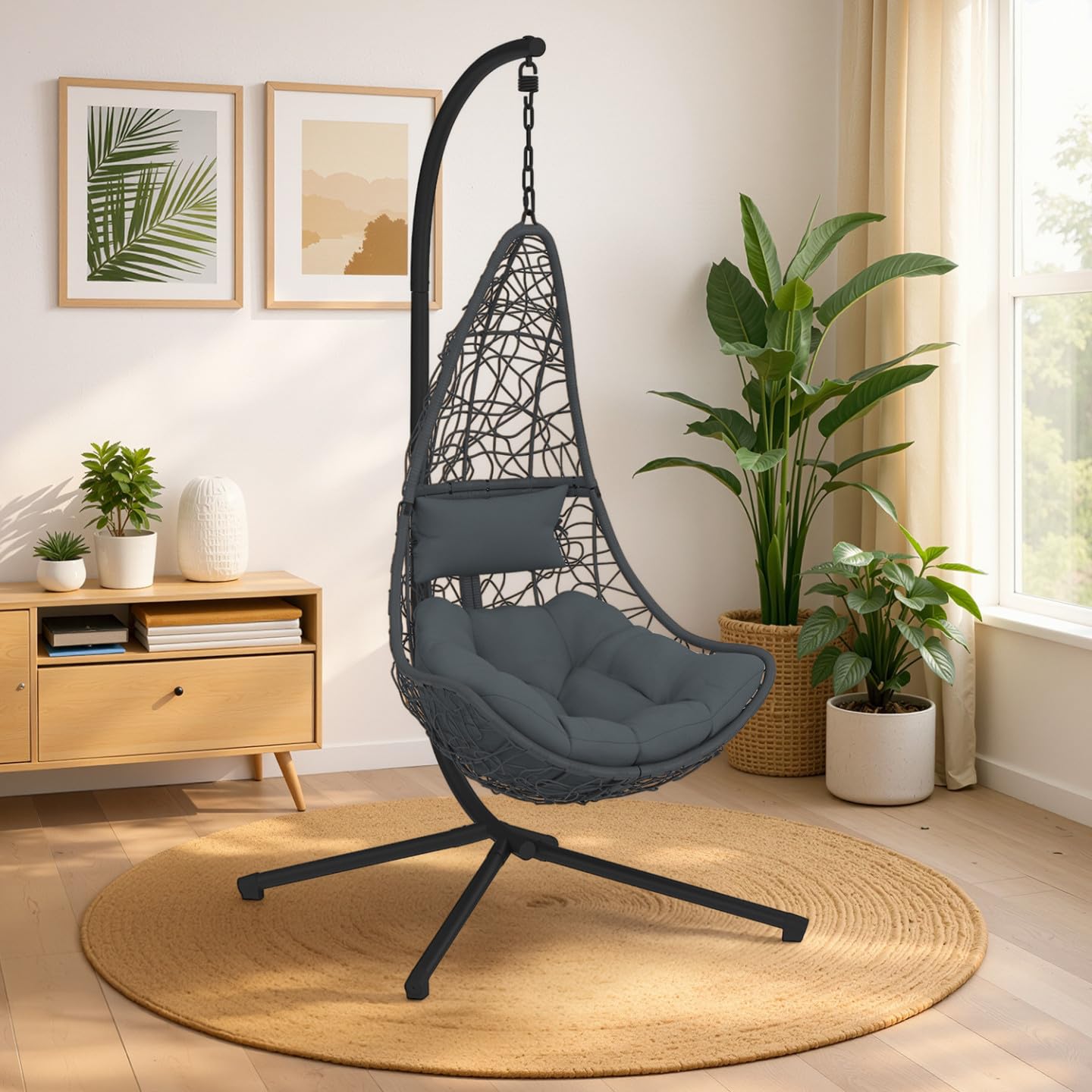 IDMarket - Silla colgante de media luna efecto ratán calado gris con cojín gris