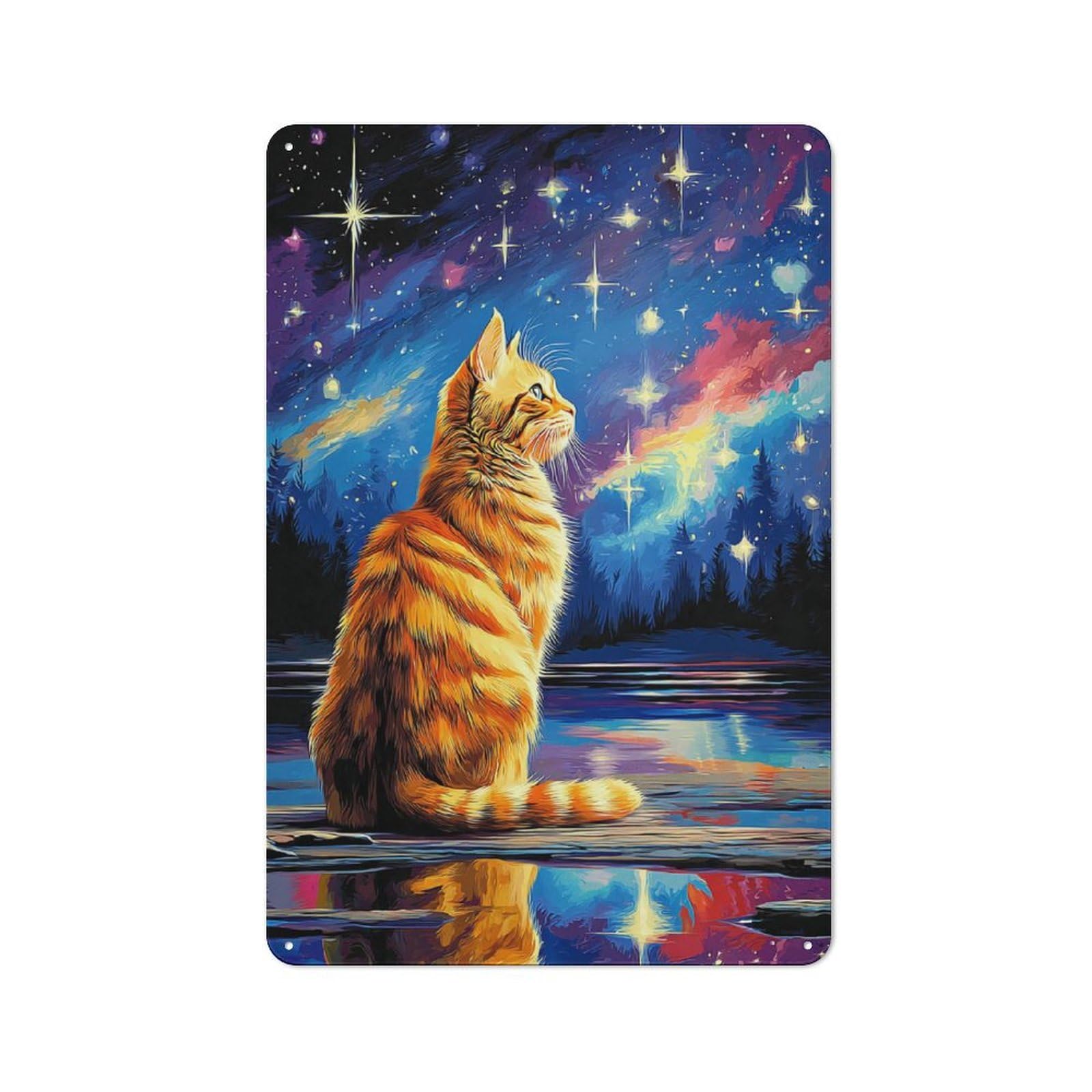 Junmoney Starry Night Cat Reflection -5 Shop Front Style Decorative Metal Plaque 30X20cm, Shop Wall Decor For Cafe, Bistro, Bakery Or Restaurant